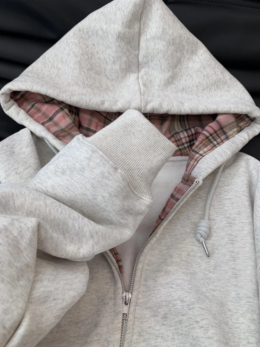 'Retro Patchwork Grijze Hoodie - Losse Pasvorm, Herfst'