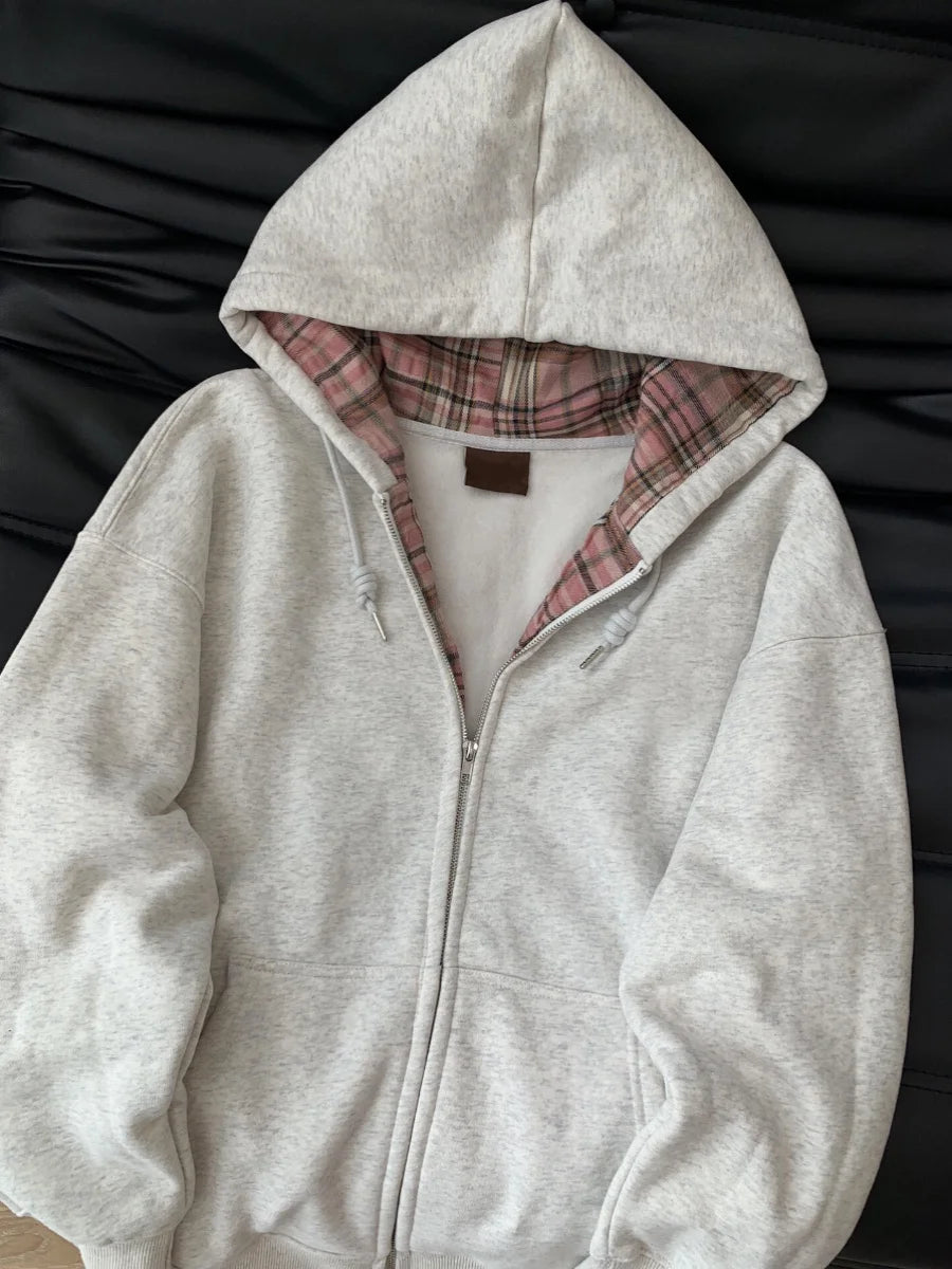 'Retro Patchwork Grijze Hoodie - Losse Pasvorm, Herfst'